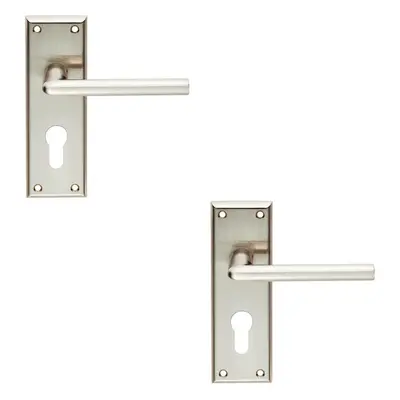 2x PAIR Rounded Lever on Euro Lock Backplate Handle x 50mm Satin Nickel