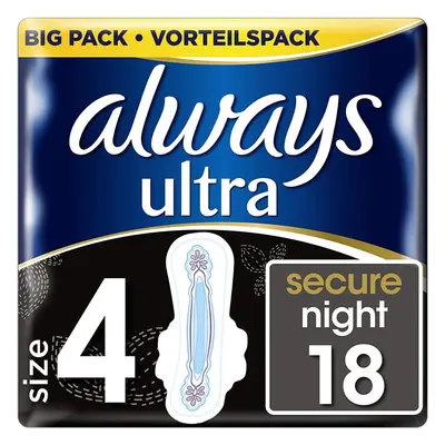 Always Ultra Secure Night Sanitary Pads with Wings Size (10 Packs of 18)