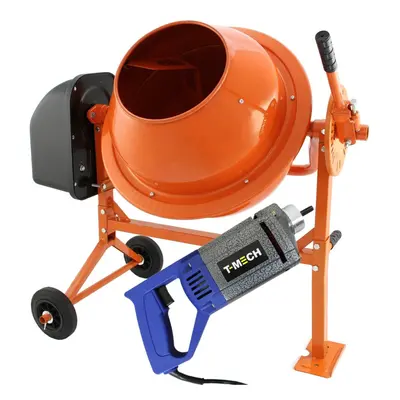 Portable 70L Cement Mixer & Hand Held Concrete Vibrator with 2m Poker Shaft Electric 250W