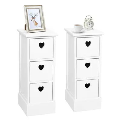 3 Drawer Bedside Table Set of 2, White Storage Cabinet with Heart-shaped Drawers Side Table for 