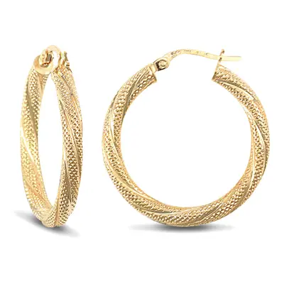 Jewelco London Ladies 9ct Yellow Gold Snake Skin Twisted 3mm Hoop Earrings 25mm - JER457C