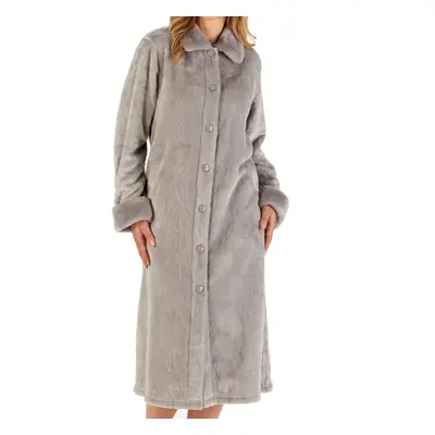 (Grey, Medium - UK 12/14) Slenderella Ladies Button Up Faux Fur Collar Fleece Dressing Gown