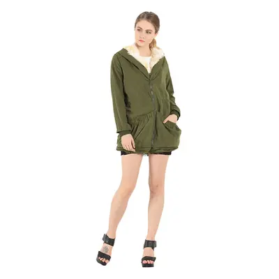 (Dark Green, L) Women Hooded Coat Jacket Faux Fur Lining Collar Zip Drawstring Waist Pockets Lon