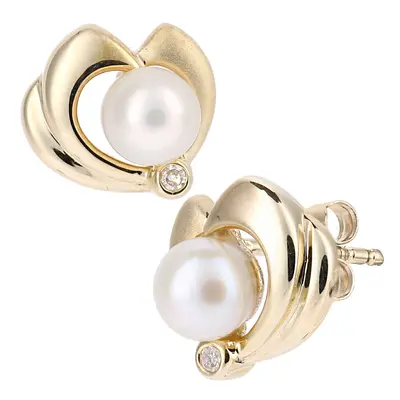 Jewelco London 9ct Yellow Gold Round 2pts Diamond Round Pearl 5mm Heart Heart Stud Earrings - PE