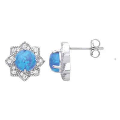 Jewelco London Ladies Rhodium Plated Sterling Silver Blue Opal CZ Luxury Mosaic Starry Pool Stud