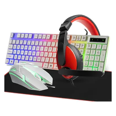 (White) In Colorful Glow Keyboard Mouse Headset with Anti-slip Extra Large Mouse Pad for PC Game