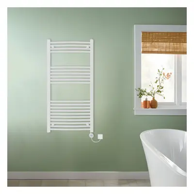 (White, 1200x600mm) NRG Prefilled Thermostatic Electric Curved Heated Towel Rail Radiator