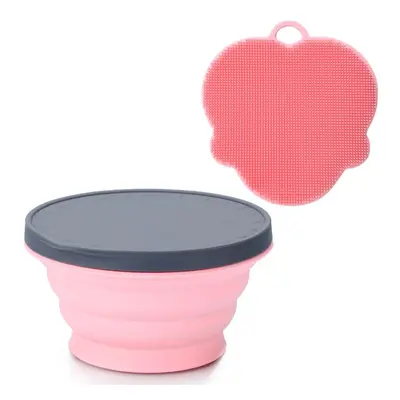 (Pink) Silicone Collapsible Portable Bowl Expandable with Lid and Dish Sponge for Travel Camping