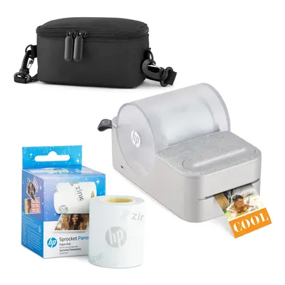 HP Sprocket Panorama Instant Portable Color Label & Photo Printer (Grey) Starter Bundle with cas