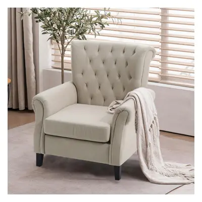 (Beige) Tufted Upholstered Wingback Armchair