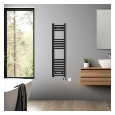 (Black, 1200x300mm) Bathroom Prefilled Electric Heated Towel Rail Straight Radiator Thermo Smart