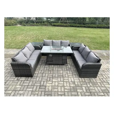 Fimous Rattan Furniture Garden Dining Set Gas Fire Pit Table With Side Tables Lounge Sofa Dark G