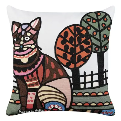 Embroidered Cotton Cushion Cat Motif x cm Multicolour MEHSANA