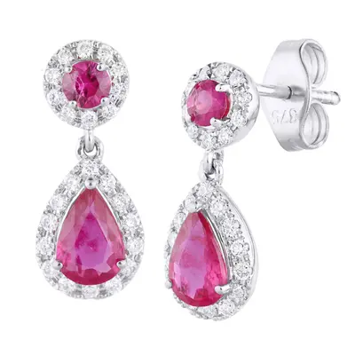 Jewelco London 9ct White Gold Round 1/4ct Diamond Pear 1.11ct Ruby Teardrop Drop Earrings - PE2A