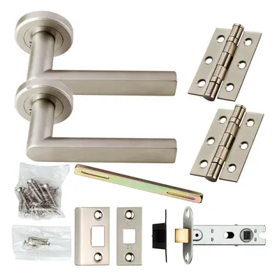 Door Handle & Latch Pack Satin Chrome Square Curve Lever Screwless Round Rose