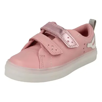 (Pink, UK 7.5 Infant) Girls Clarks Mermaid Detailed Light Up Shoes Flare Shell Lo T - Pink Leath