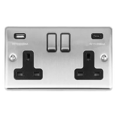 2 Gang Double UK Plug Socket & 2x 3.1A USB-C & A SATIN STEEL & BLACK 13A Switch