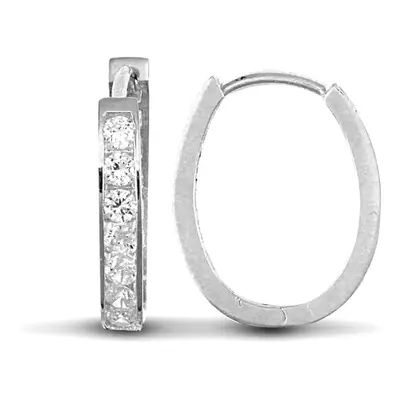 Jewelco London Ladies Solid 9ct White Gold White Round Brilliant Cubic Zirconia Oval Huggie Hoop