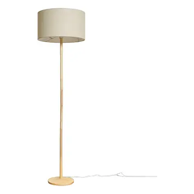 Single Stem Natural Light Wood Floor Lamp with a Beige Drum Shade