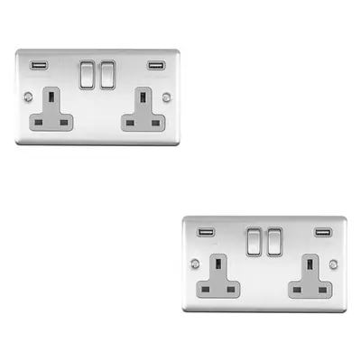 2 PACK Gang Single UK Plug Socket & 2.1A USB SATIN STEEL & Grey 13A Switched