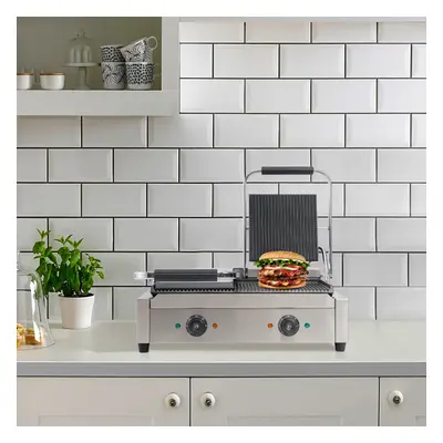 (2 Burners) Panini Press Grill Sandwich Toaster Waffle Maker Commercial Iron Toastie Ribbed