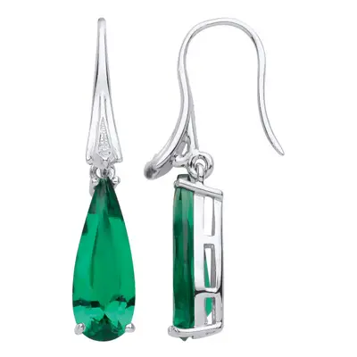 Jewelco London Ladies Rhodium Plated Sterling Silver Green Pear CZ Torpedo Comet Drop Earrings -