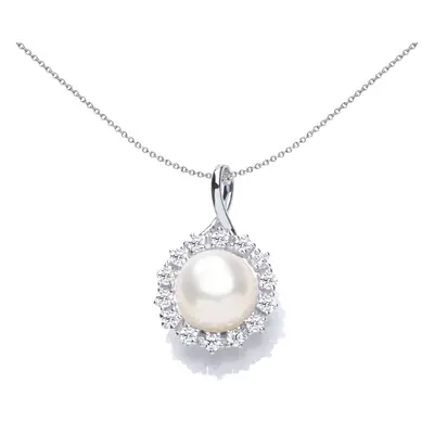 Jewelco London Sterling Silver CZ & Freshwater Cultured Pearl Ribbon Bail Halo Cluster Pendant N