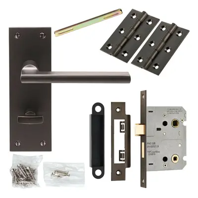 Door Handle & Bathroom Lock Pack Matt Bronze Flat Lever Thumb Turn Backplate