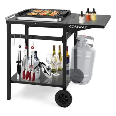 Dining Cart Double-Shelf Pizza Oven Serving Trolley w/ Extended Side & Wheels