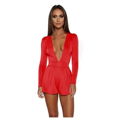 (Red, M) Sexy Women Jumpsuit Solid Color Plunge V Neck Long Sleeve Casual Slim Short