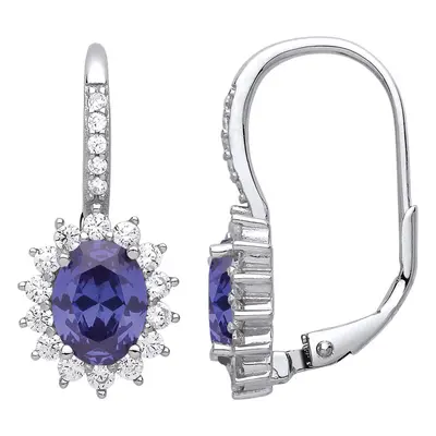 Jewelco London Ladies Sterling Silver Tanzanite-Violet Oval Cubic Zirconia Classic Cluster Drop 