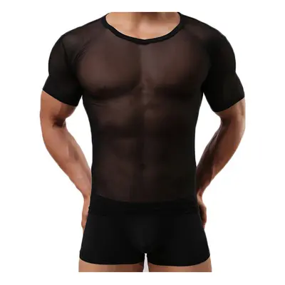 (Black, S) Mens Tight Sexy Transparent Gauze T-shirt