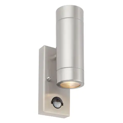 Up & Down IP44 Wall Light with PIR - x 7W GU10 LED - Brushed Steel