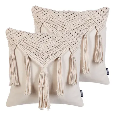 Set of Cushions BEDADI Cotton x cm Geometric Pattern MacramÃ© Light Beige