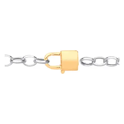 Jewelco London Ladies Rhodium & Gold-Plated Sterling Silver Love Padlock Oval Belcher Rolo Charm