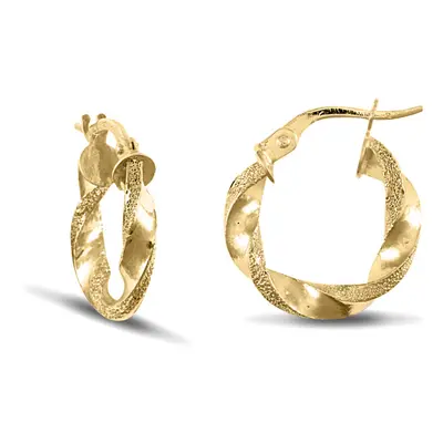 Jewelco London Ladies 9ct Yellow Gold Frosted Edge Twisted 3mm Hoop Earrings 17mm - JER678A