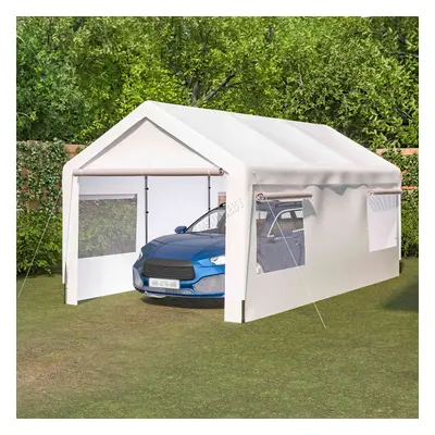 (White) BIRCHTREE Outdoor Steel PE Carport 10x20ft Shed Sidewalls & Windows Boat Truck