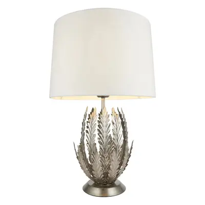 Ornate Silver Table Lamp Light Ivory Cotton Fabric Shade Decorative Leaf Design