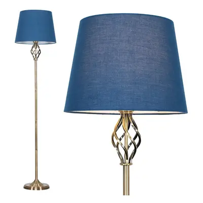 Traditional Style Antique Brass Barley Twist Floor Lamp with a Navy Blue Tapered Light Shade