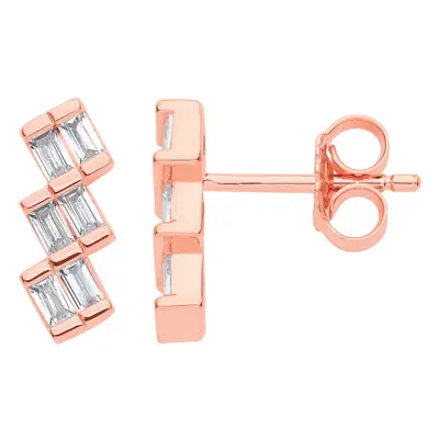 Jewelco London Ladies Rose Gold-Plated Sterling Silver Baguette CZ Stacked Blocks Stairway Drop 