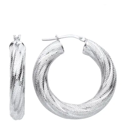 Jewelco London Ladies Rhodium Plated Sterling Silver Reptile Skin Mesh Twist Hoop Earrings - ER1