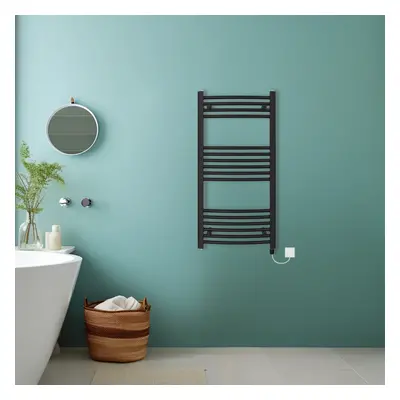 (Black, 1000x500mm) Bathroom Curved Prefilled Electric Heated Towel Rail Ladder Warmer Radiator