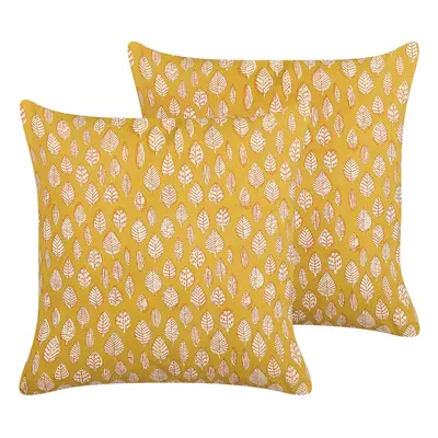 Set of Cotton Cushions Leaf Pattern x cm Yellow GINNALA