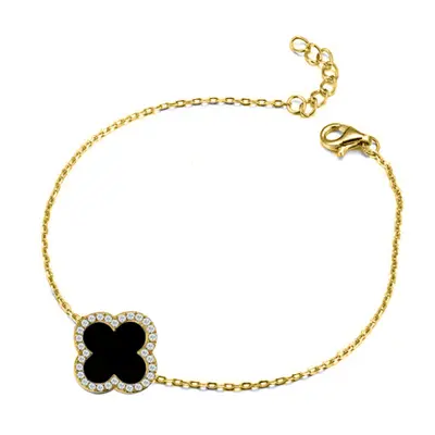 Jewelco London Gold-plated Silver Black Clover Onyx & CZ Halo Lucky Charm Chain Bracelet 7-8.5" 