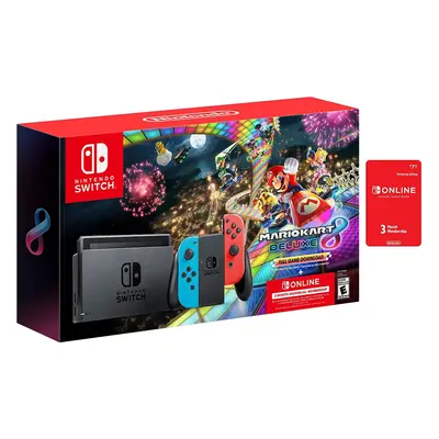 Nintendo Switch Joy-Con Neon Blue/Red Console Bundle: Mario Kart Deluxe Full Game Download | GB 