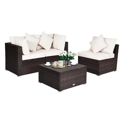 4 Pcs Patio Furniture Set Outdoor Rattan Sofa Ottoman Set w/ Cushions