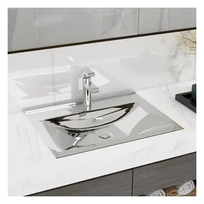 vidaXL Wash Basin with Overflow 60x46x16cm Ceramic Silver Bathroom Sink Bowl