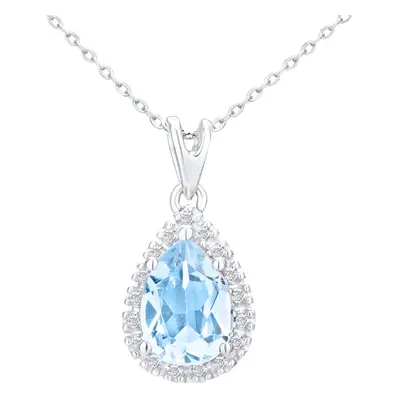 Jewelco London 9ct White Gold Round 7pts Diamond Pear 1.2ct Blue Topaz Teardrop Pendant Necklace