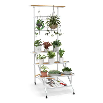 4-Tier Hanging Plant Stand Ladder Shelf W/Trellis & Hanging Bar Plant Pot Holder