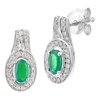 Jewelco London 18ct White Gold Round 15pts Diamond Oval 1/2ct Emerald Cluster Drop Earrings - DE